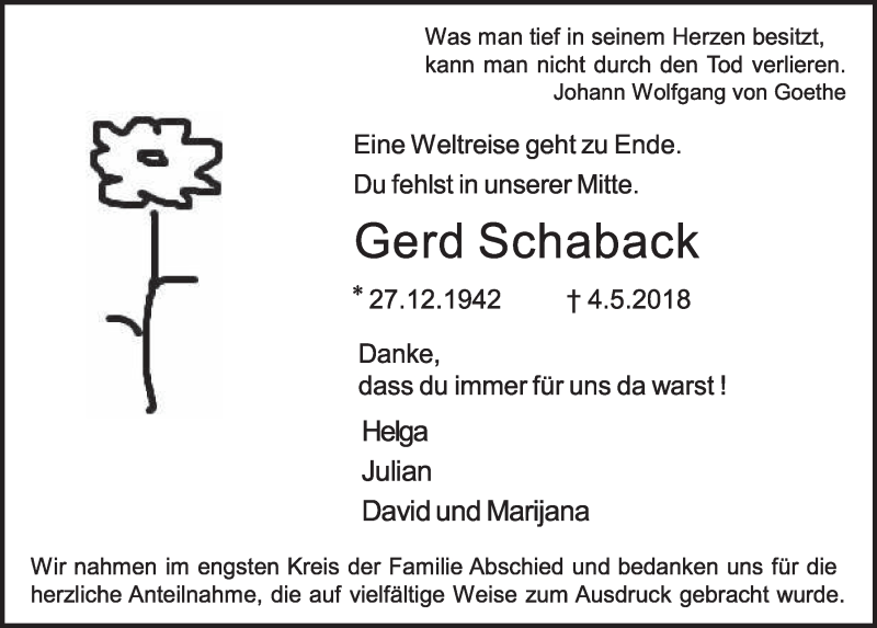  Traueranzeige für Gerd Schaback vom 16.05.2018 aus  Schlossbote/Werbekurier 