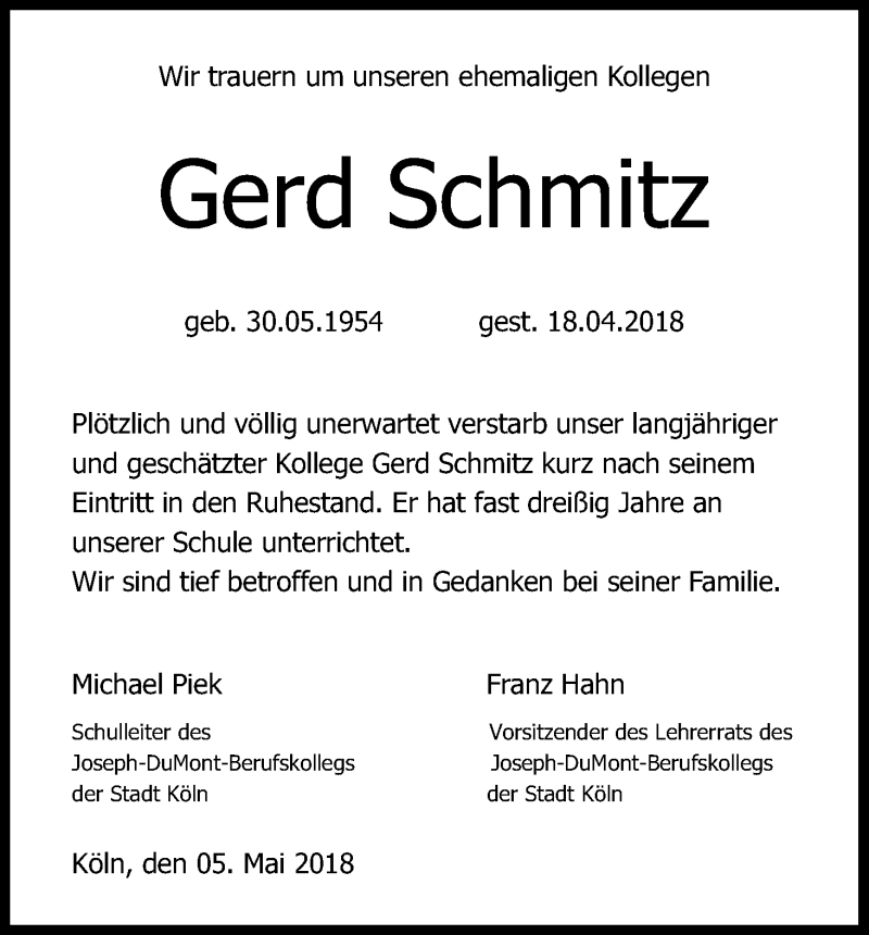  Traueranzeige für Gerd Schmitz vom 05.05.2018 aus Kölner Stadt-Anzeiger / Kölnische Rundschau / Express