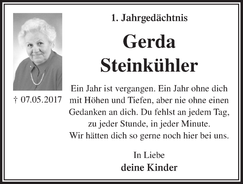  Traueranzeige für Gerda Steinkühler vom 09.05.2018 aus  Lokale Informationen 