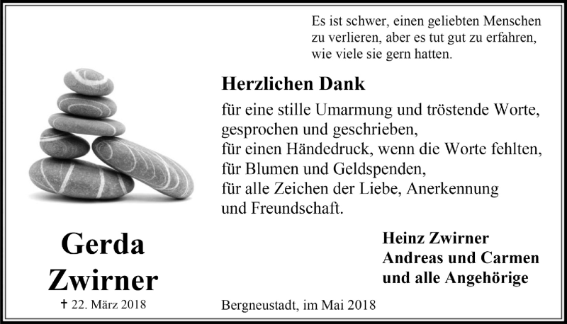  Traueranzeige für Gerda Zwirner vom 16.05.2018 aus  Anzeigen Echo 