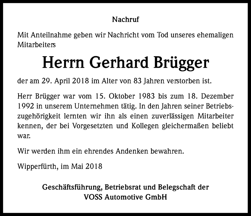  Traueranzeige für Gerhard Brügger vom 05.05.2018 aus Kölner Stadt-Anzeiger / Kölnische Rundschau / Express