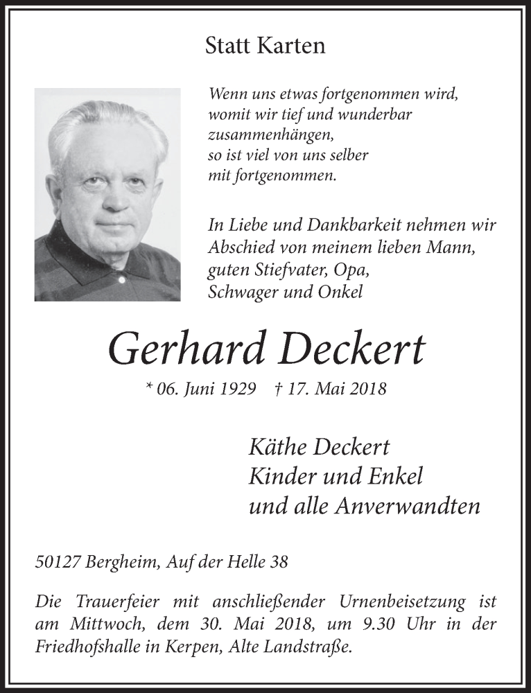  Traueranzeige für Gerhard Deckert vom 26.05.2018 aus  Sonntags-Post 