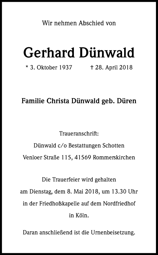  Traueranzeige für Gerhard Dünwald vom 05.05.2018 aus Kölner Stadt-Anzeiger / Kölnische Rundschau / Express