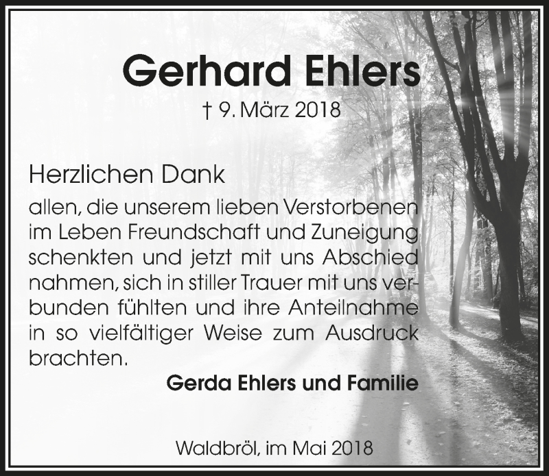  Traueranzeige für Gerhard Ehlers vom 09.05.2018 aus  Lokalanzeiger 
