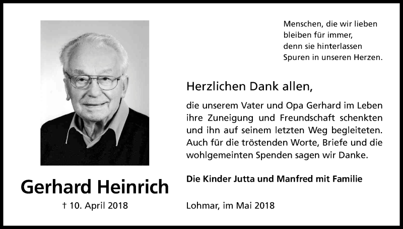  Traueranzeige für Gerhard Heinrich vom 19.05.2018 aus Kölner Stadt-Anzeiger / Kölnische Rundschau / Express