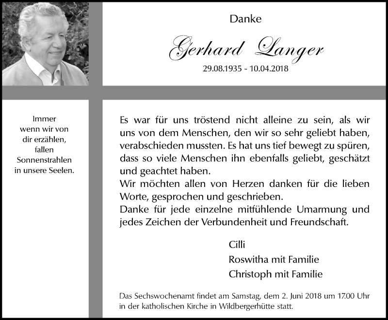  Traueranzeige für Gerhard Langer vom 30.05.2018 aus  Lokalanzeiger 