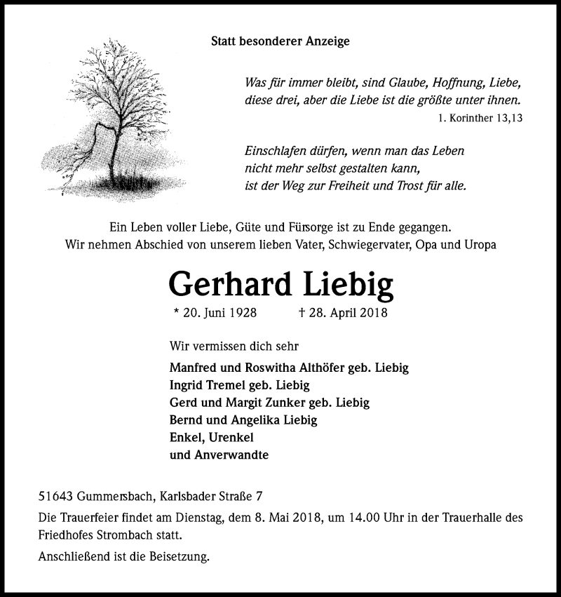  Traueranzeige für Gerhard Liebig vom 04.05.2018 aus Kölner Stadt-Anzeiger / Kölnische Rundschau / Express