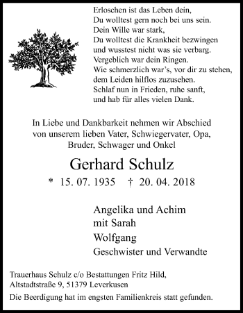 Anzeige von Gerhard Schulz von Kölner Stadt-Anzeiger / Kölnische Rundschau / Express