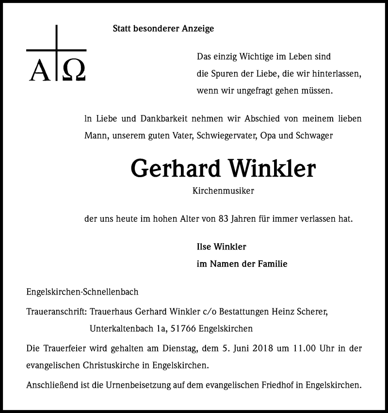  Traueranzeige für Gerhard Winkler vom 30.05.2018 aus Kölner Stadt-Anzeiger / Kölnische Rundschau / Express