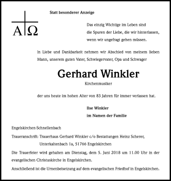 Anzeige von Gerhard Winkler von Kölner Stadt-Anzeiger / Kölnische Rundschau / Express