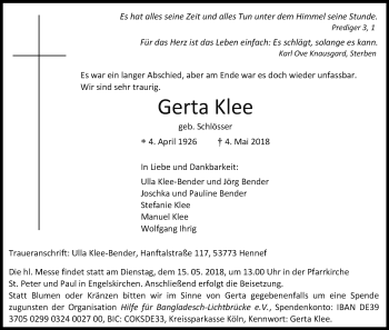 Anzeige von Gerta Klee von Kölner Stadt-Anzeiger / Kölnische Rundschau / Express