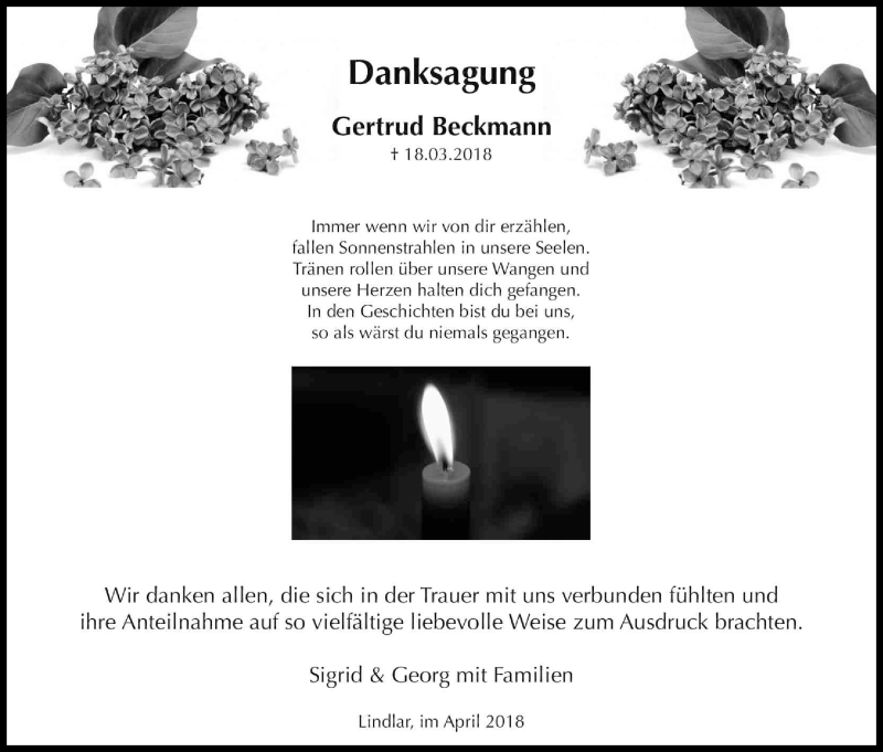  Traueranzeige für Gertrud Beckmann vom 05.05.2018 aus Kölner Stadt-Anzeiger / Kölnische Rundschau / Express