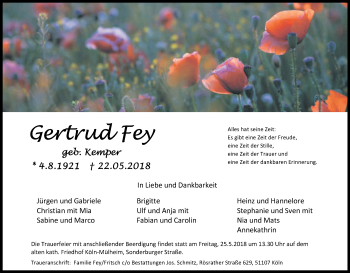 Anzeige von Gertrud Fey von Kölner Stadt-Anzeiger / Kölnische Rundschau / Express