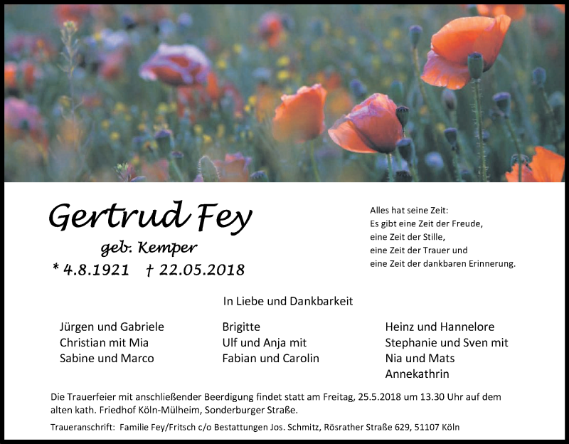  Traueranzeige für Gertrud Fey vom 24.05.2018 aus Kölner Stadt-Anzeiger / Kölnische Rundschau / Express