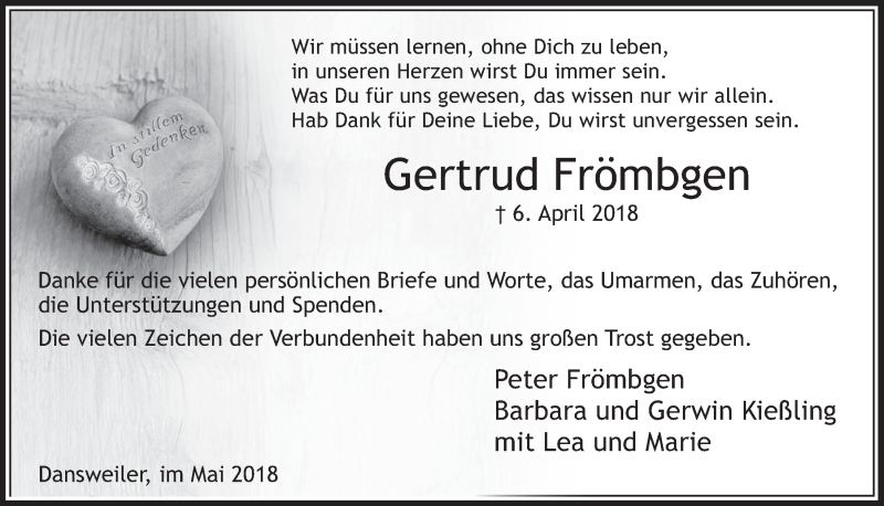 Traueranzeige für Gertrud Frömbgen vom 05.05.2018 aus  Sonntags-Post 