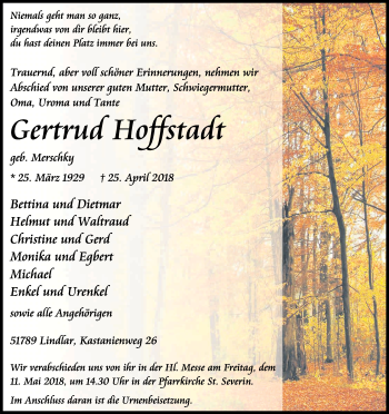 Anzeige von Gertrud Hoffstadt von Kölner Stadt-Anzeiger / Kölnische Rundschau / Express