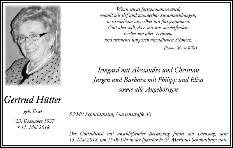  Traueranzeige für Gertrud Hütter vom 15.05.2018 aus Kölner Stadt-Anzeiger / Kölnische Rundschau / Express