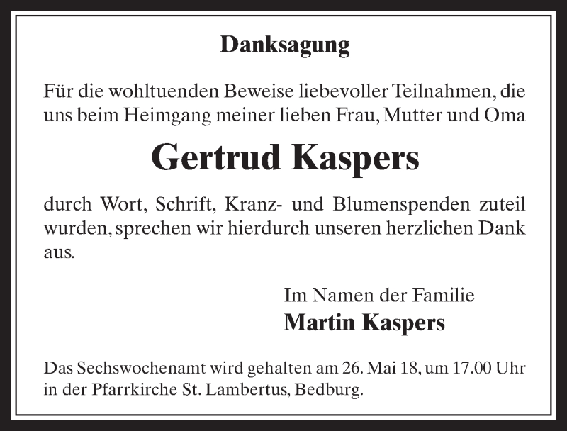  Traueranzeige für Gertrud Kaspers vom 23.05.2018 aus  Werbepost 