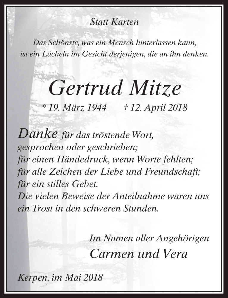  Traueranzeige für Gertrud Mitze vom 09.05.2018 aus  Werbepost 