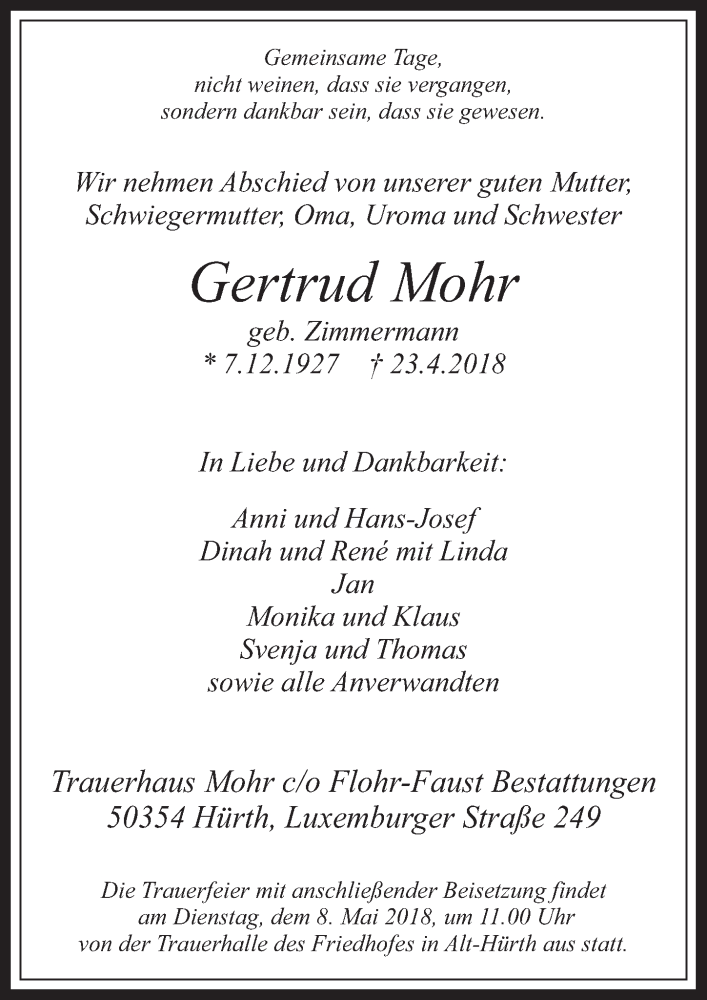  Traueranzeige für Gertrud Mohr vom 02.05.2018 aus  Wochenende 