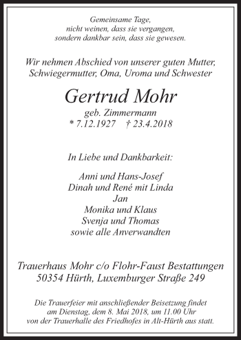 Anzeige von Gertrud Mohr von  Wochenende 