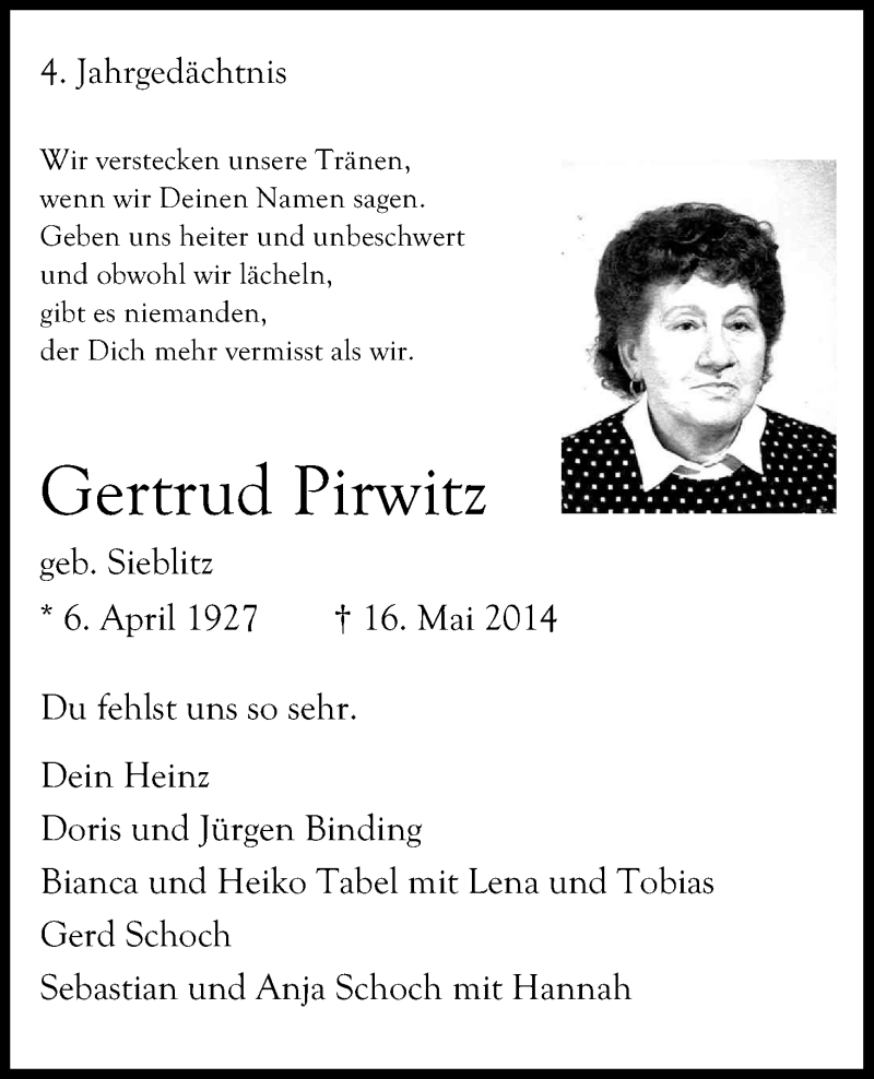  Traueranzeige für Gertrud Pirwitz vom 12.05.2018 aus Kölner Stadt-Anzeiger / Kölnische Rundschau / Express