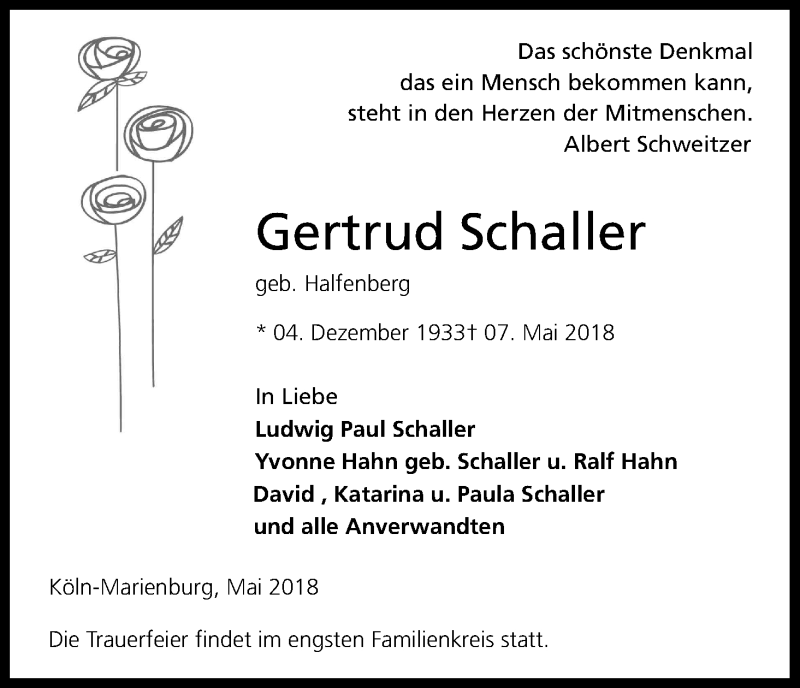  Traueranzeige für Gertrud Schaller vom 19.05.2018 aus Kölner Stadt-Anzeiger / Kölnische Rundschau / Express