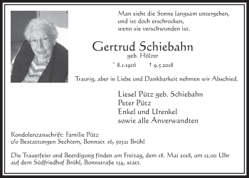 Anzeige von Gertrud Schiebahn von  Schlossbote/Werbekurier 