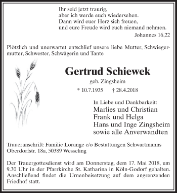 Anzeige von Gertrud Schiewek von  Kölner Wochenspiegel 