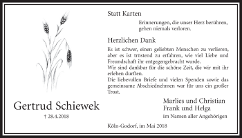 Anzeige von Gertrud Schiewek von  Kölner Wochenspiegel 