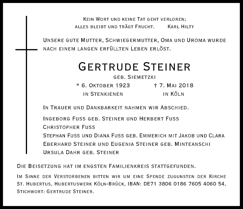  Traueranzeige für Gertrude Steiner vom 19.05.2018 aus Kölner Stadt-Anzeiger / Kölnische Rundschau / Express
