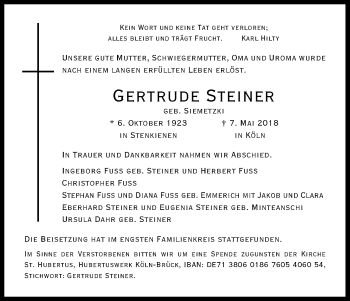 Anzeige von Gertrude Steiner von Kölner Stadt-Anzeiger / Kölnische Rundschau / Express