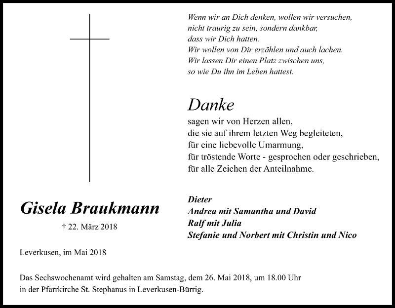 Traueranzeige für Gisela Braukmann vom 19.05.2018 aus Kölner Stadt-Anzeiger / Kölnische Rundschau / Express