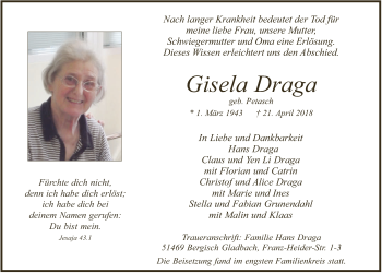Anzeige von Gisela Draga von  Bergisches Handelsblatt 