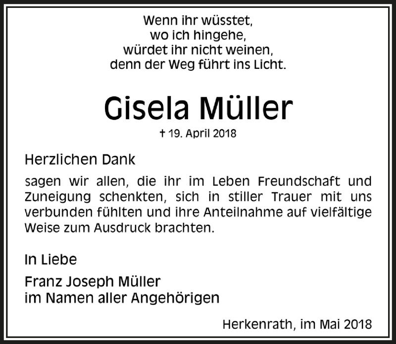  Traueranzeige für Gisela Müller vom 16.05.2018 aus  Bergisches Handelsblatt 
