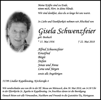 Anzeige von Gisela Schwenzfeier von Kölner Stadt-Anzeiger / Kölnische Rundschau / Express