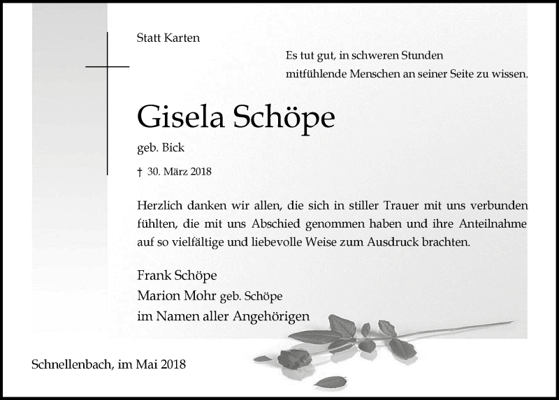  Traueranzeige für Gisela Schöpe vom 16.05.2018 aus  Anzeigen Echo 