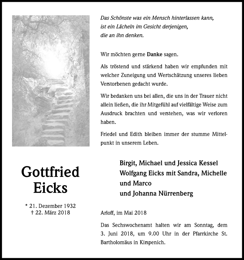  Traueranzeige für Gottfried Eicks vom 26.05.2018 aus Kölner Stadt-Anzeiger / Kölnische Rundschau / Express