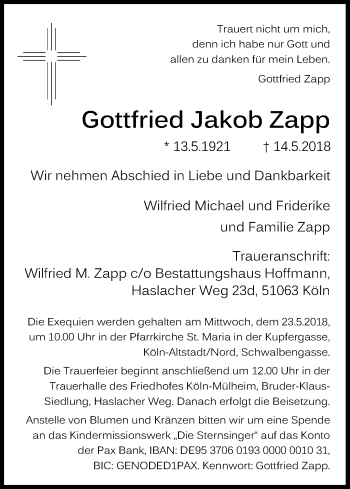 Anzeige von Gottfried Jakob Zapp von Kölner Stadt-Anzeiger / Kölnische Rundschau / Express