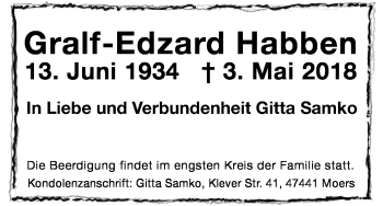 Anzeige von Gralf-Edzard Habben von Kölner Stadt-Anzeiger / Kölnische Rundschau / Express