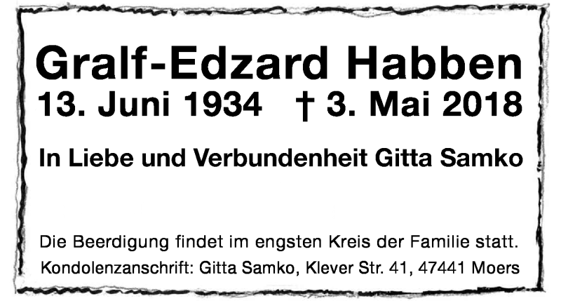  Traueranzeige für Gralf-Edzard Habben vom 19.05.2018 aus Kölner Stadt-Anzeiger / Kölnische Rundschau / Express