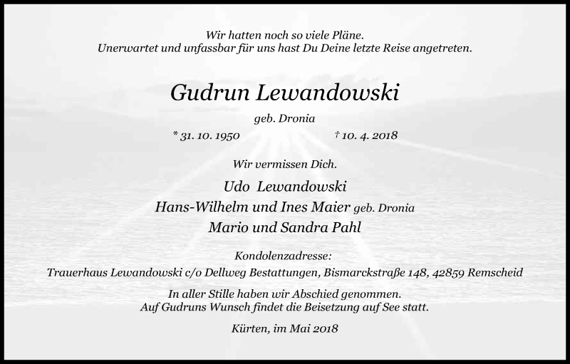 Traueranzeige für Gudrun Lewandowski vom 05.05.2018 aus Kölner Stadt-Anzeiger / Kölnische Rundschau / Express
