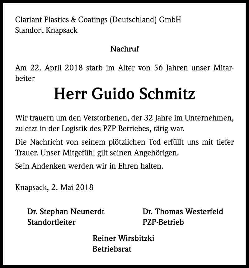  Traueranzeige für Guido Schmitz vom 05.05.2018 aus Kölner Stadt-Anzeiger / Kölnische Rundschau / Express