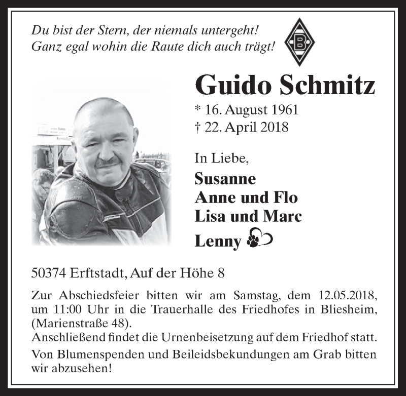  Traueranzeige für Guido Schmitz vom 09.05.2018 aus  Werbepost 