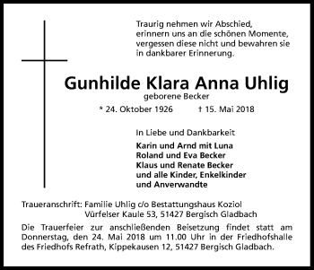Anzeige von Gunhilde Klara Anna Uhlig von Kölner Stadt-Anzeiger / Kölnische Rundschau / Express