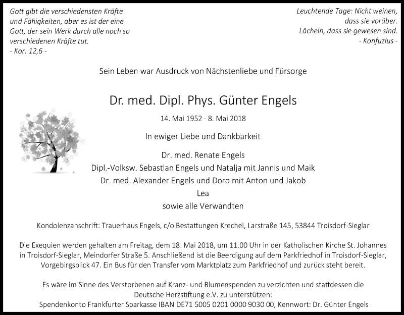  Traueranzeige für Günter Engels vom 10.05.2018 aus Kölner Stadt-Anzeiger / Kölnische Rundschau / Express