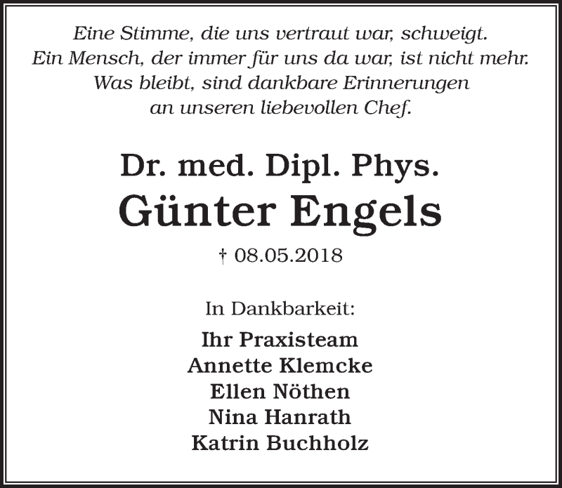  Traueranzeige für Günter Engels vom 19.05.2018 aus  Rhein-Sieg-Wochenende 
