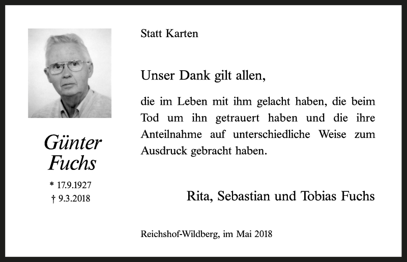 Traueranzeige für Günter Fuchs vom 02.05.2018 aus  Anzeigen Echo  Lokalanzeiger 