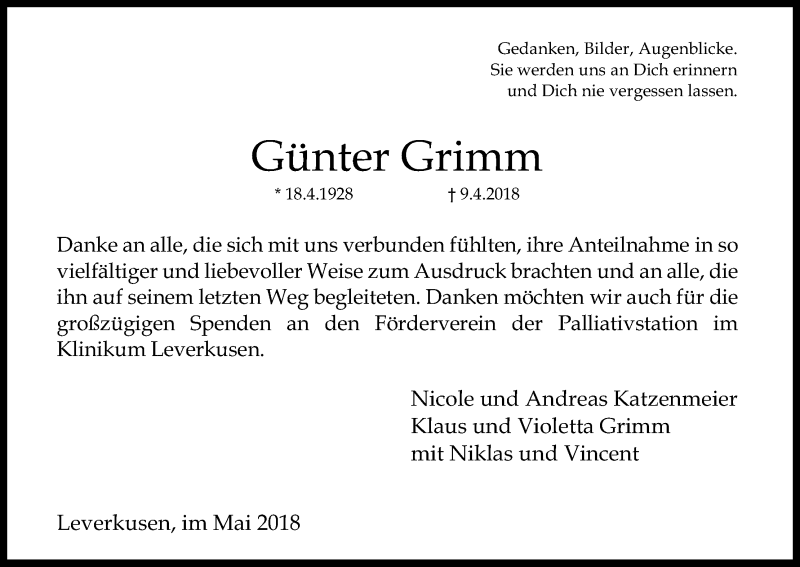  Traueranzeige für Günter Grimm vom 22.05.2018 aus Kölner Stadt-Anzeiger / Kölnische Rundschau / Express