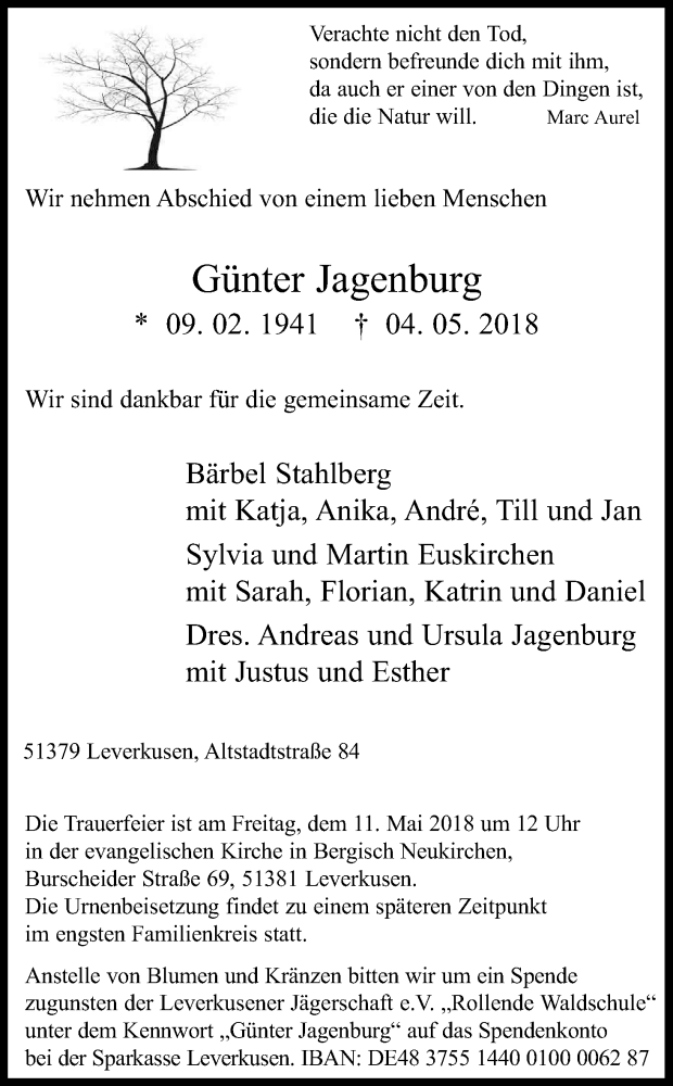  Traueranzeige für Günter Jagenburg vom 08.05.2018 aus Kölner Stadt-Anzeiger / Kölnische Rundschau / Express